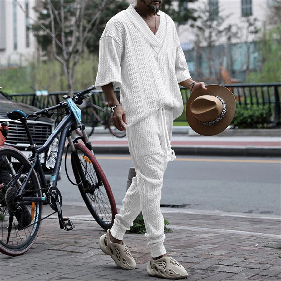 White Men's Casual Pants Sets Jacquard Two Piece Suits Male V-Neck Short Sleeve Tops and Long Pants Streetwear Fashion Outfits