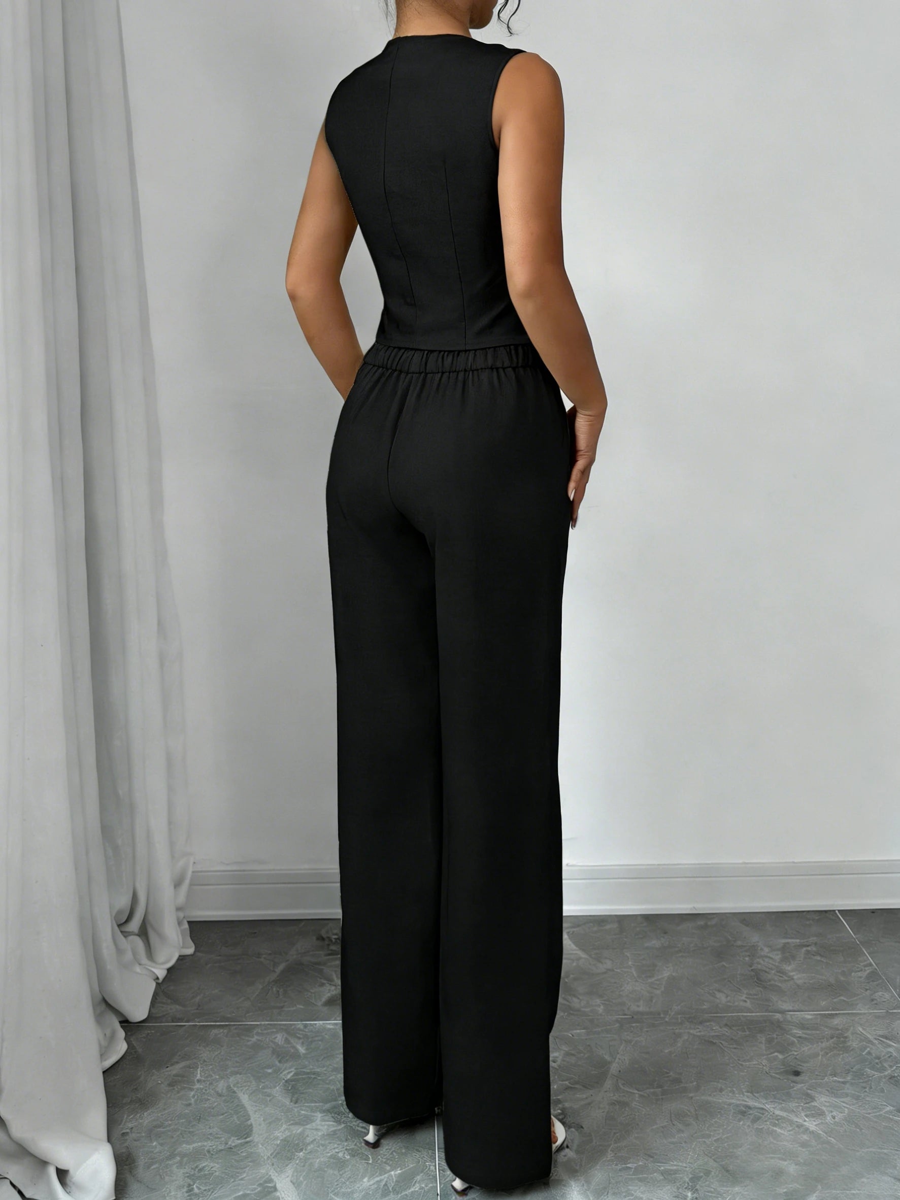 Women's Black Two Piece Outfit Sleeveless V Neck Vest Blazer High Waist Wide Leg Pants Elegant Office Spring Summer Suit Set
