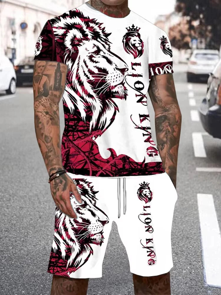 Summer Men Sets Shorts Outfits Male Tees Street T Shirt Two Piece 3D Lion Print Casual O-Neck Tracksuit Oversized Beach T Shirt