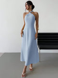 Pale Yellow Sleeveless Halter Maxi Dress With Open Back, Loose Flowy Gown For Summer Beach Holiday And Evening Party