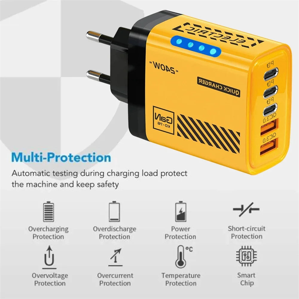 GaN 240W USB C Wall Charger 5 Ports PD QC3.0 Fast Charge Phone Adapter for iPhone 17 16 15 Samsung Xiaomi Huawei EU/US/UK Plug