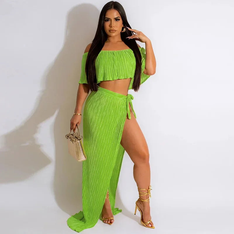 Vacation Two Piece Set for Women Maxi Dress Sets Clubwear Slash Neck Ruffles Crop Top and Long Skirts Sexy Night Club Outfits