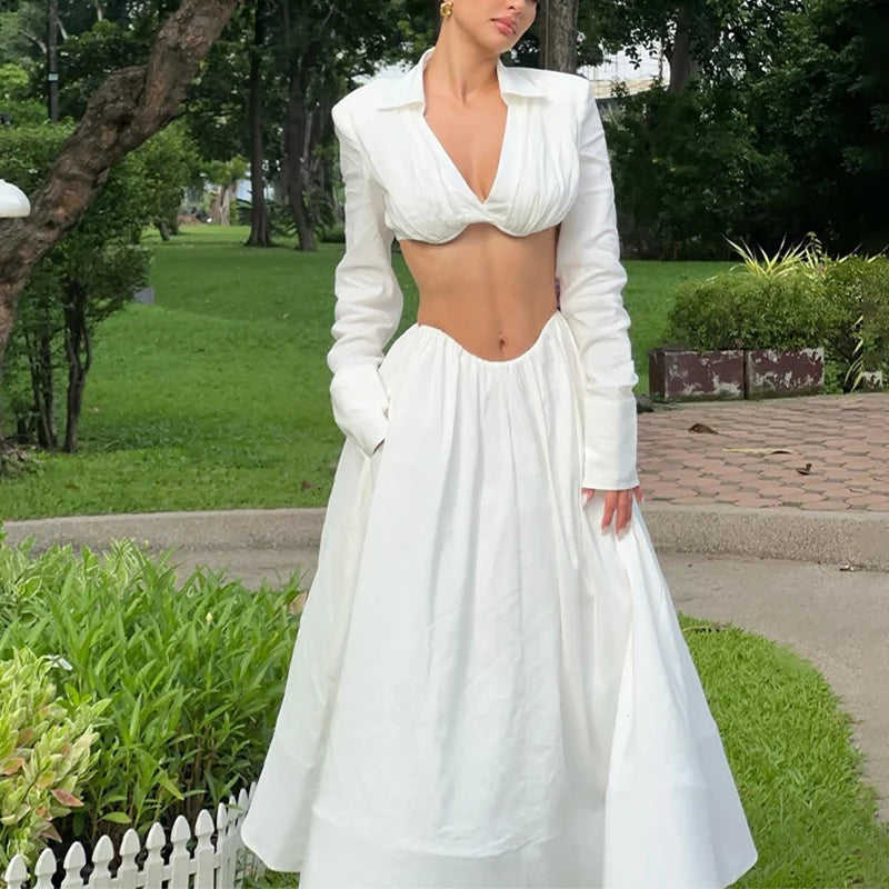 Simple High Waist Party Suits Ladies Sexy V Neck Long Sleeved Shirt and Skirt Two Piece Set Spring Holiday Solid Casual Outfit