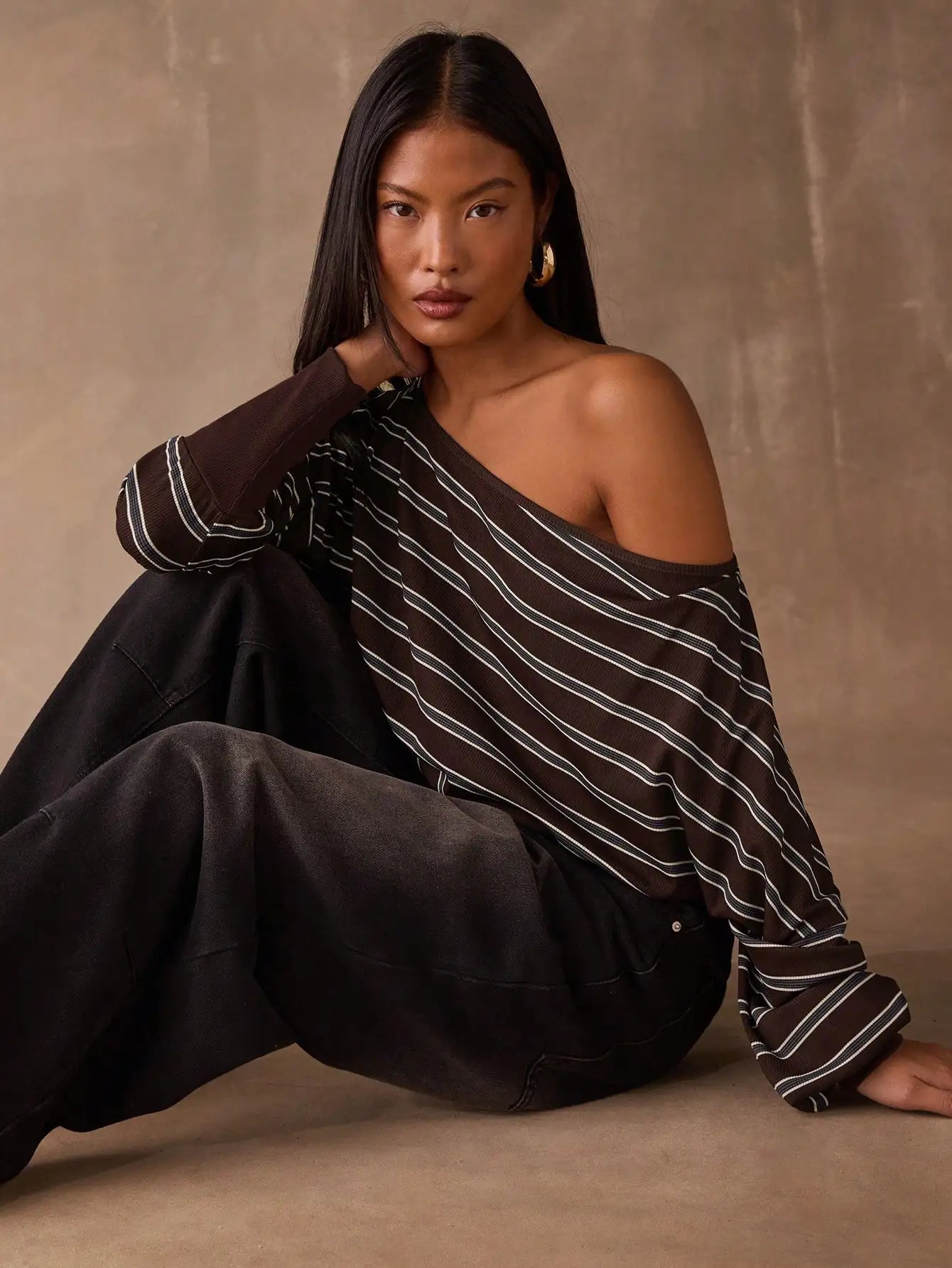 Women's Off-Shoulder Striped Long Sleeve Crop Top Casual Loose Fit Burgundy