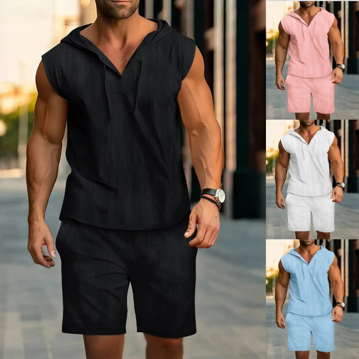 Men's new summer casual hooded outfit, comfortable and fashionable men's beach set, solid-color casual two-piece set