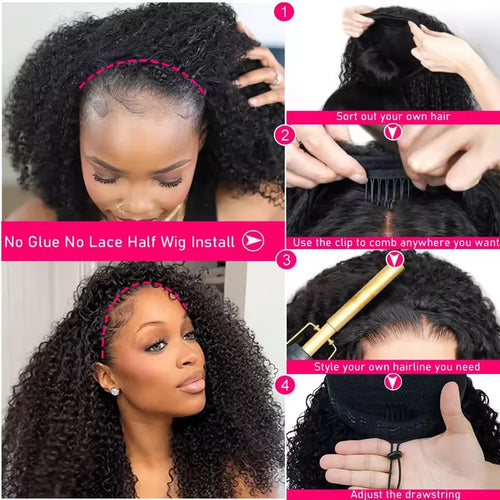 300% Density Burmese Curly Human Hair Wigs For Women Brazilian No Glue Kinky Culry 3 IN 1 Half Wig 100% Human Hair Wigs On Sale