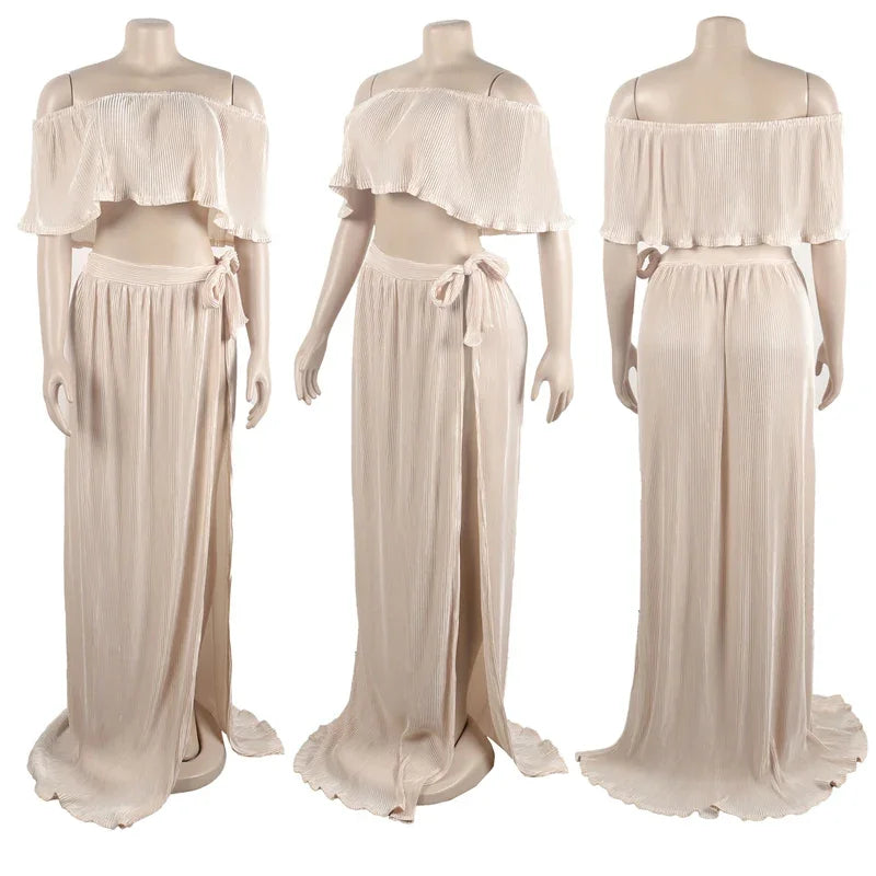 Vacation Two Piece Set for Women Maxi Dress Sets Clubwear Slash Neck Ruffles Crop Top and Long Skirts Sexy Night Club Outfits