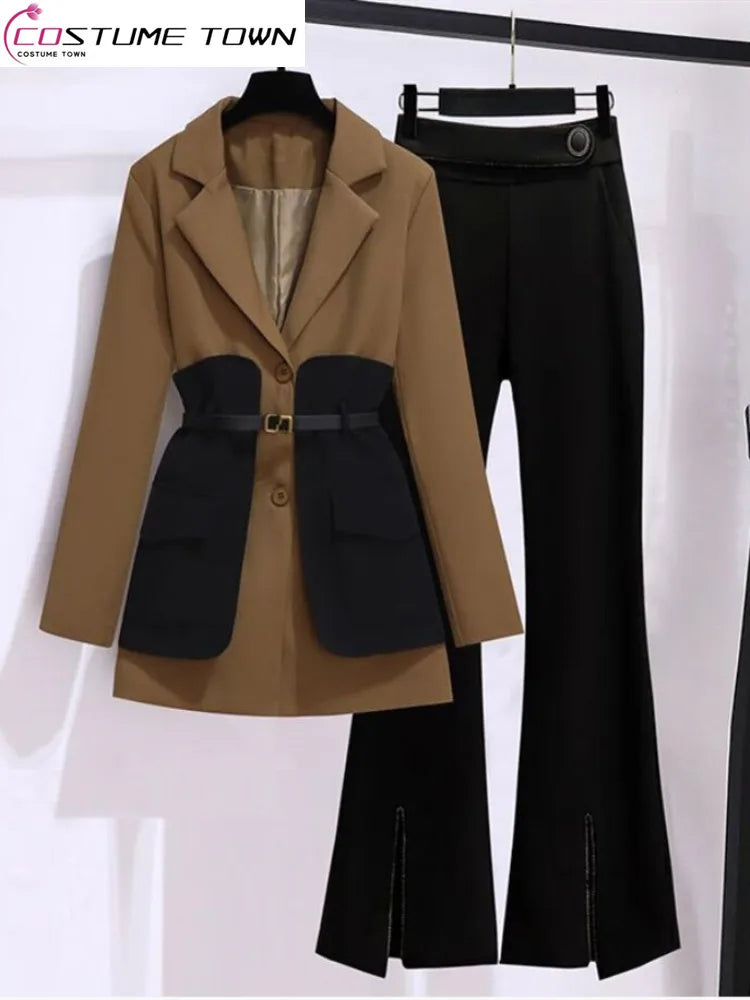2025 Spring Belt Decorative Patchwork Jacket Blazer Casual Expansion Crying Two-piece Elegant Women Pants Suit Office Outfits