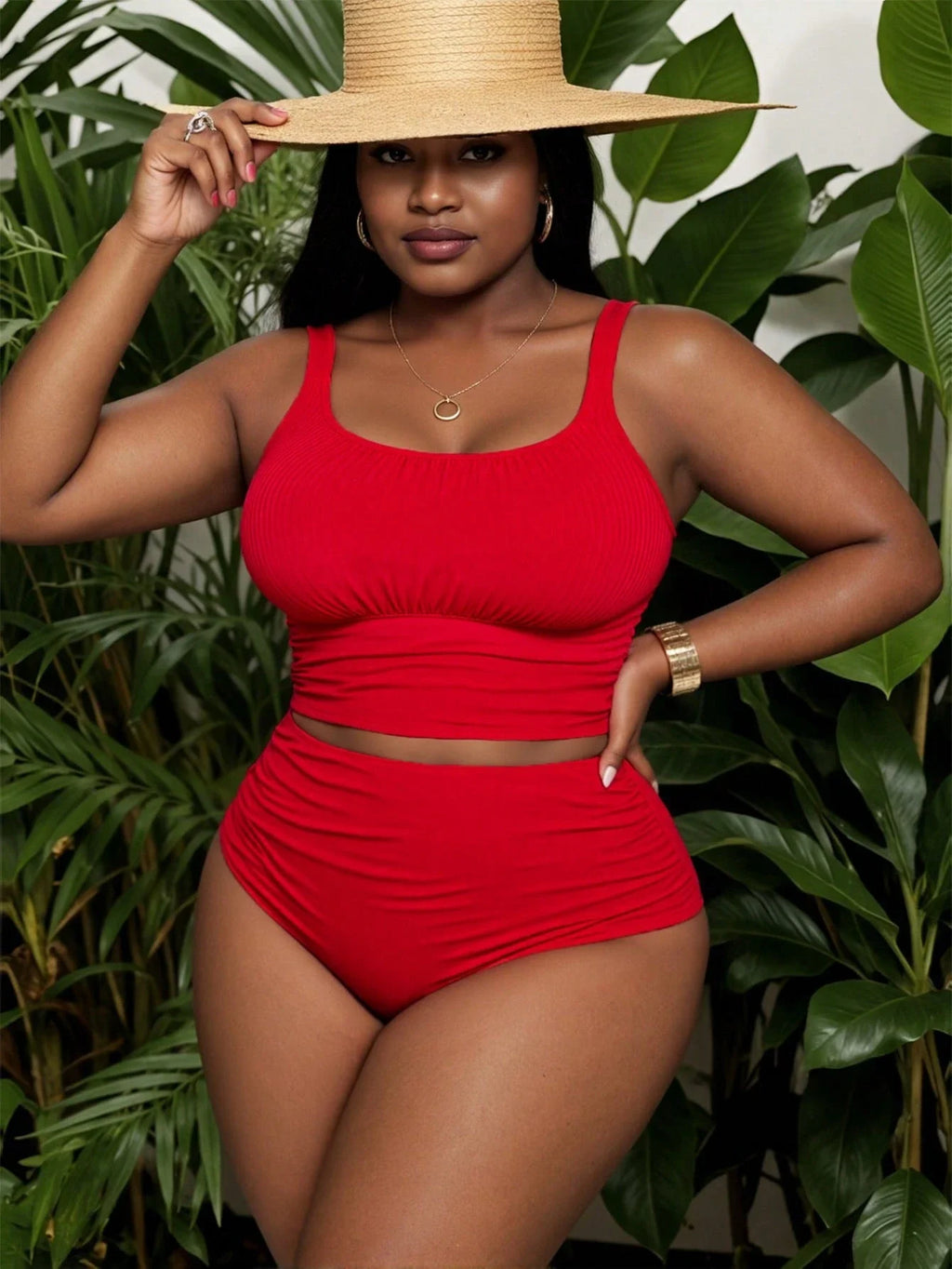 Red Solid Color Plus Size Tankini Set For Women Summer Beach Swimwear