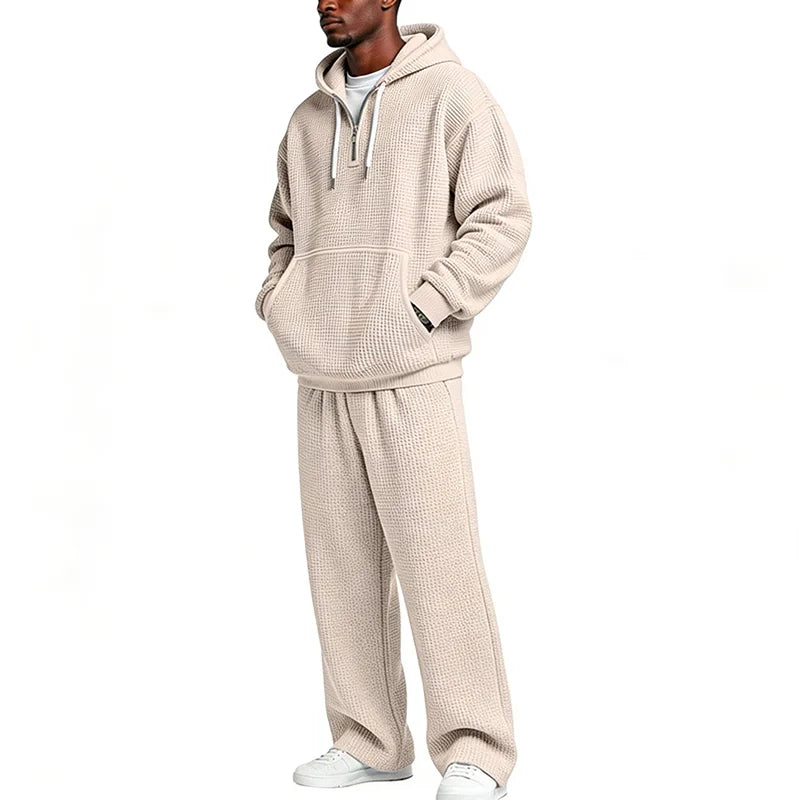Autumn Winter Mens Casual Tracksuits Long Sleeve Waffle Plaid Hoodies And Pants Two Piece Sets Men Stylish Solid Color Outfits