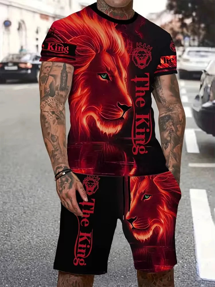 Summer Men Sets Shorts Outfits Male Tees Street T Shirt Two Piece 3D Lion Print Casual O-Neck Tracksuit Oversized Beach T Shirt