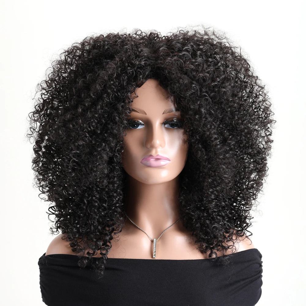 16 Inch Afro Kinky Curly Hair Wigs With Bangs Soft Fluffy Synthetic Fiber None Lace Wigs For Party Cosplay Daily Use