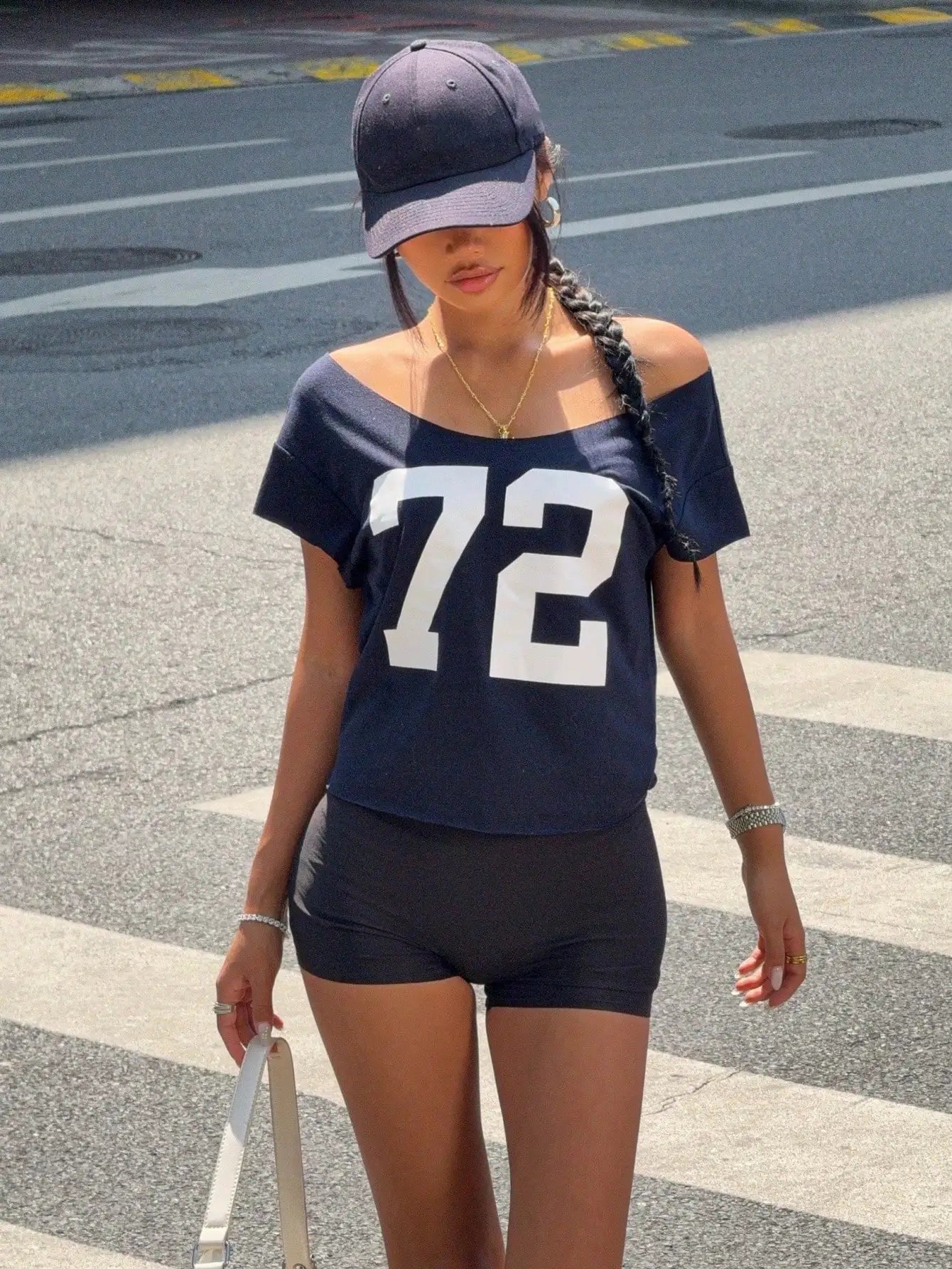 Women Off-Shoulder Short Sleeve T-Shirt With Number Print