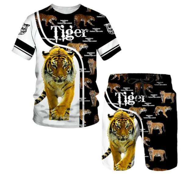 New Summer Men's Sets Shorts Outfits 3D Tiger Printed Short Sleeve T-shirt Two Pieces Casual Tracksuit Oversized Beach Sportwear