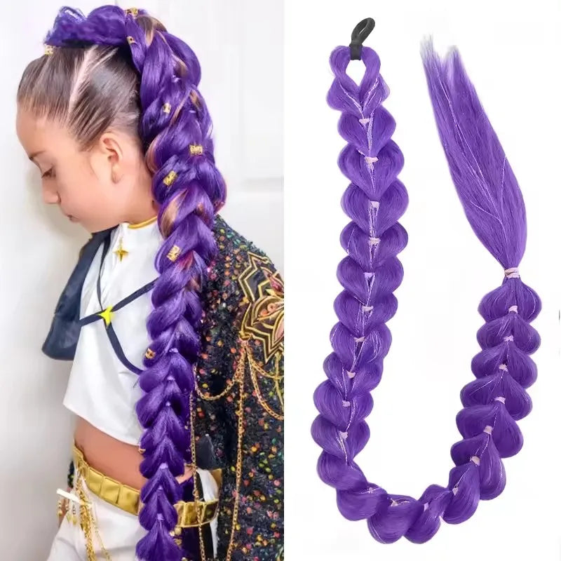 32inch Braided Purple Synthetic Ponytail with Tinsel Hair Wig Super Extensions Shiny Tinsel Hair for Kids Christmas Cosplay Hair
