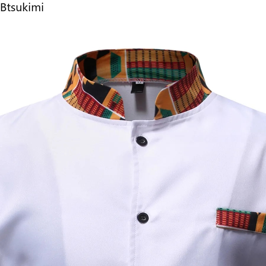African Style Men's Two Piece Sets Fashion Patchwork Design Stand Collar Long Sleeve Shirt and Pants Male African Dashiki Outfit