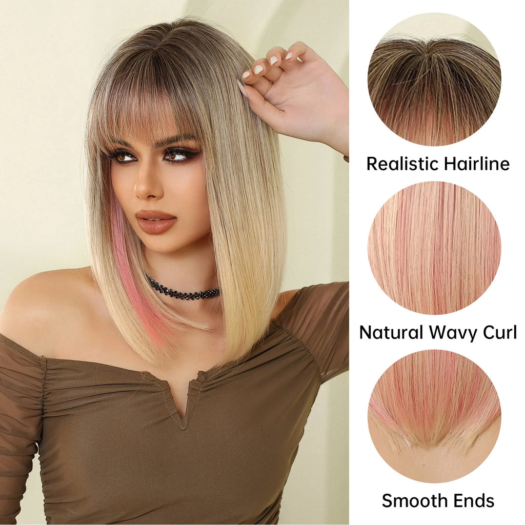 Ombre Blonde Pink Bob Wig with Fluffy Bangs Synthetic Short Straight Wigs for Black Women Heat Resistant Cosplay Daily Hair