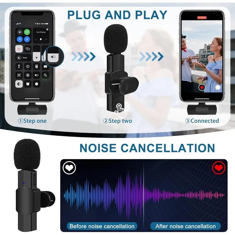 Wireless Lavalier Microphone for iPhone iPad Wireless Mic for Recording, Live Stream YouTube Facebook Noise Reduction Auto-Sync