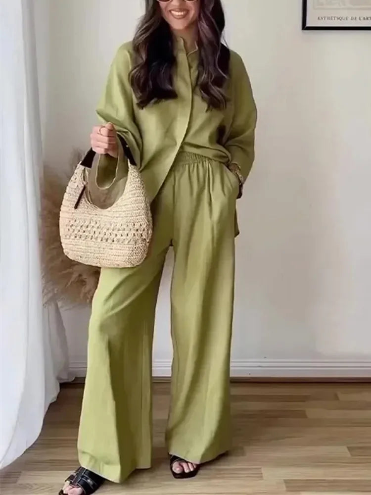 MUJER 2025 Women Pants Sets Oversize Casual Shirt Fashion Linen Set Woman Two Pieces Wide Leg Baggy Pants Suit Summer Outfit