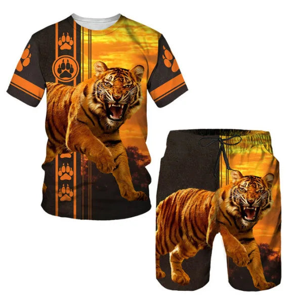 New Summer Men's Sets Shorts Outfits 3D Tiger Printed Short Sleeve T-shirt Two Pieces Casual Tracksuit Oversized Beach Sportwear