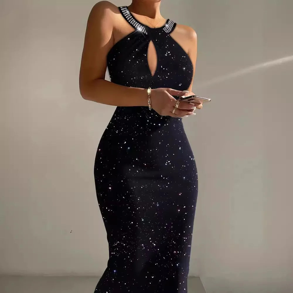 Long Dress Women Party Sheath Dresses Slim Sequins Sleeveless Backless Halter Neck Vestidos Summer 2025 Female Sexy Maxi Gown