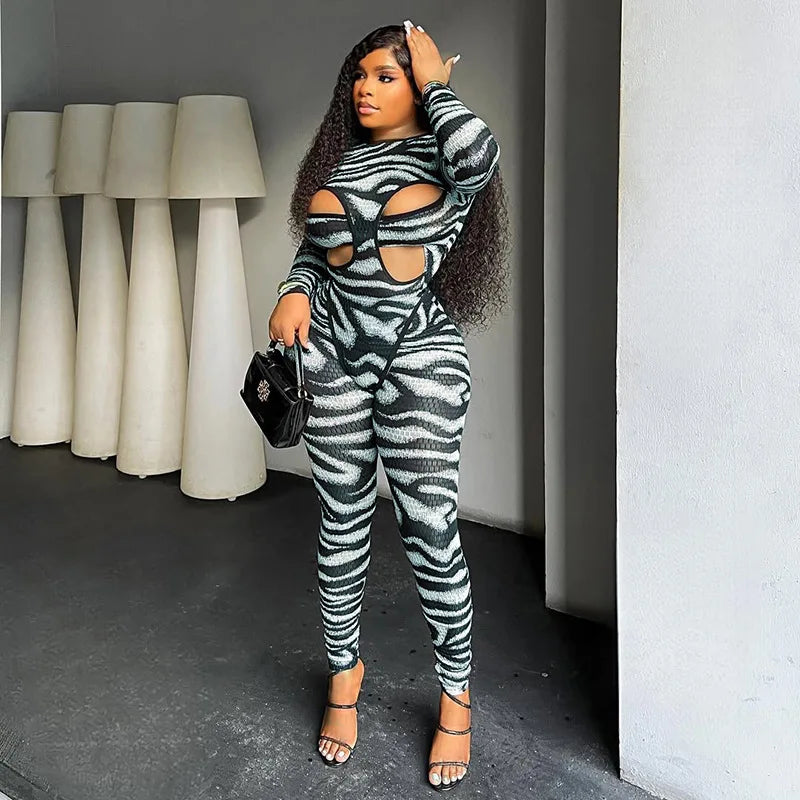Wmstar Two Piece Sets Women Fashion Hollow Out Jumpsuit and Top Zebra Stripes Autumn and Winter Matching Suit 2025 New Style