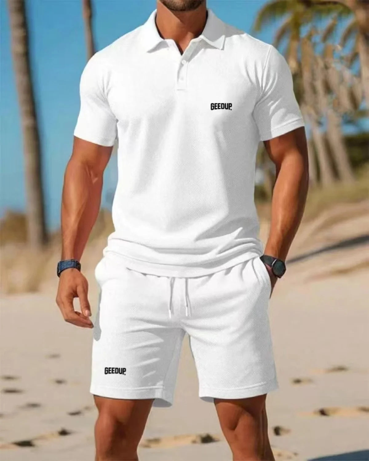 The 2025 summer men's Polo shirt, T-shirt and shorts casual set is suitable for daily wear and a beach sports two-piece outfit.