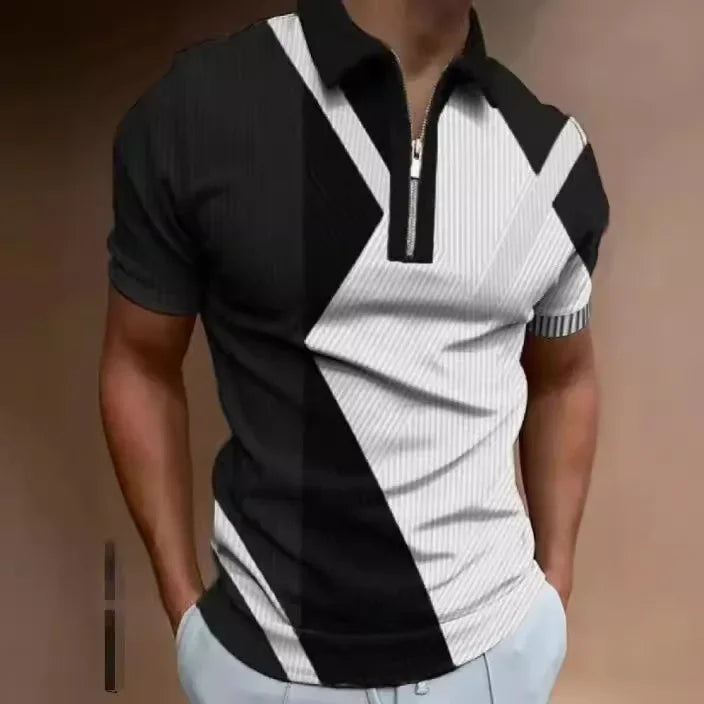 Shirts Men Tops Polo Shirt Short Sleeve Turn Down Collar Zipper Casual Simple Regular Top Splice Print Slim Fit Autumn 2024