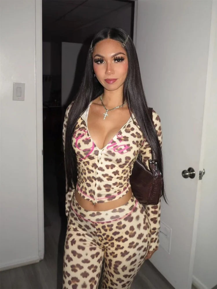 2Pcs Sexy Women's Zipper Hooded Cardigan Top + High-Waisted Tight Trousers Two-piece Set Ladies Leopard Print Clothes Outfit