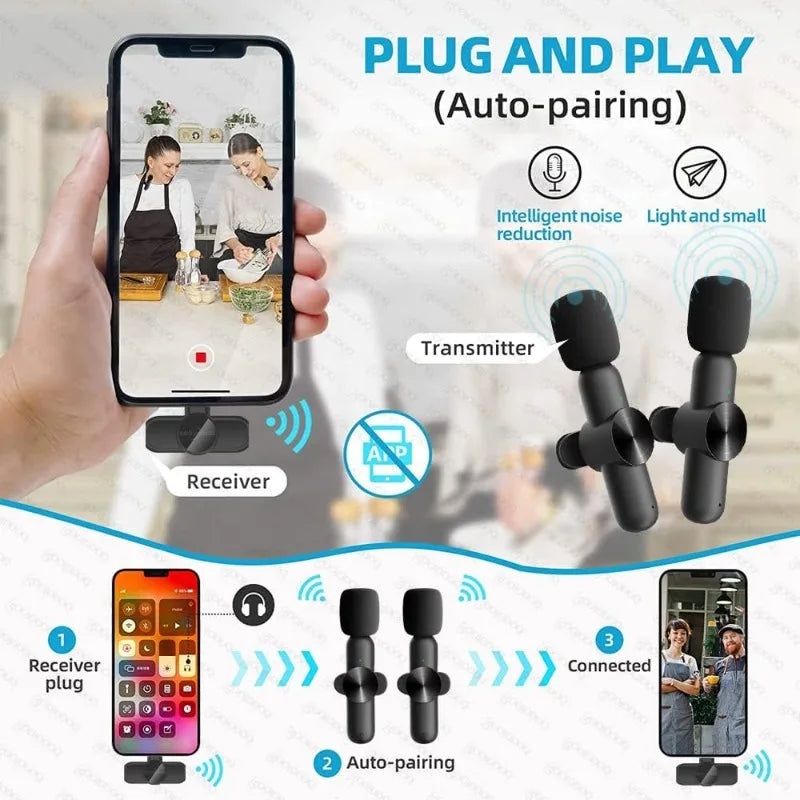 Wireless Lavalier Microphone for iPhone iPad Wireless Mic for Recording, Live Stream YouTube Facebook Noise Reduction Auto-Sync