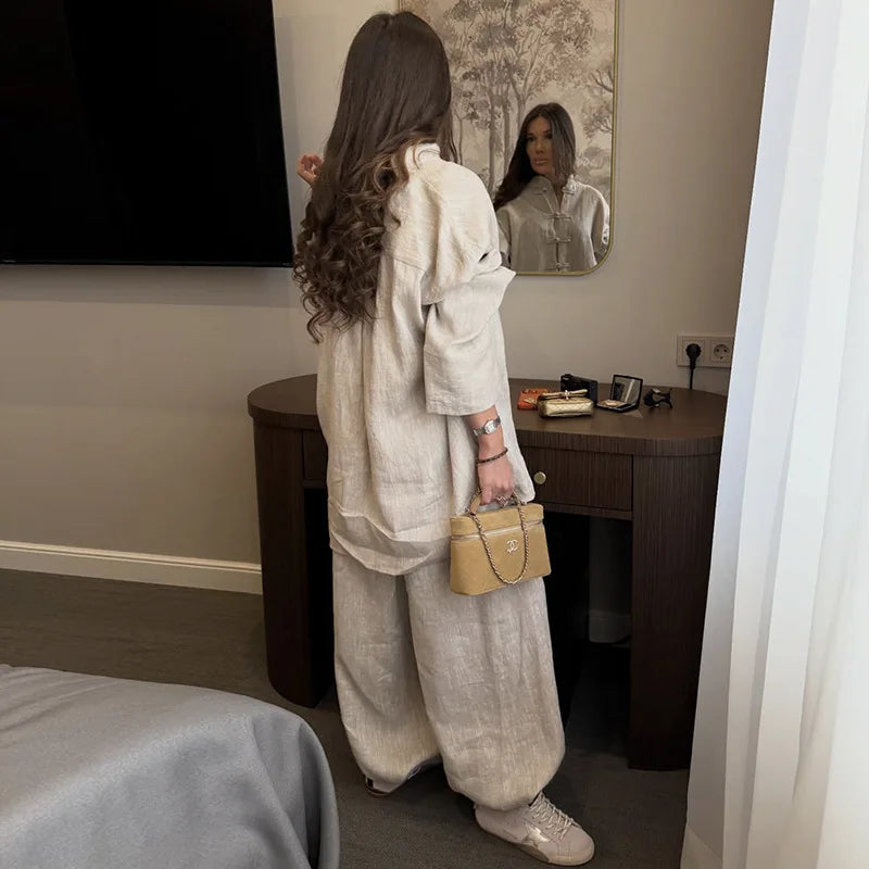 Women's Linen Two-Piece Pants Set Button Loose Casual Short Top Wide Leg Pant Loose Fit Loungewear Suit Workwear Outfit