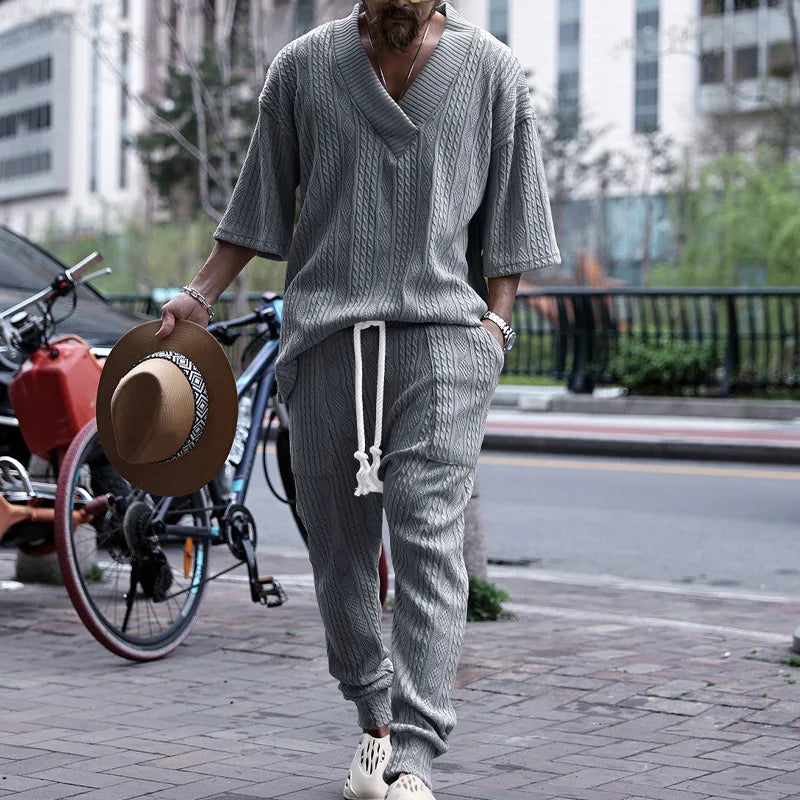 White Men's Casual Pants Sets Jacquard Two Piece Suits Male V-Neck Short Sleeve Tops and Long Pants Streetwear Fashion Outfits