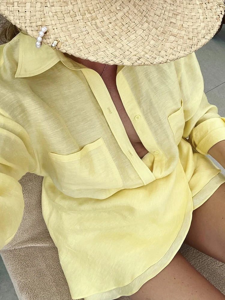 Women's Yellow Vacation Two Piece Set Turn-Down Collar Shirt & Bandage Mini Skirt Summer Beachwear Outfit Casual Slim Suit Chic