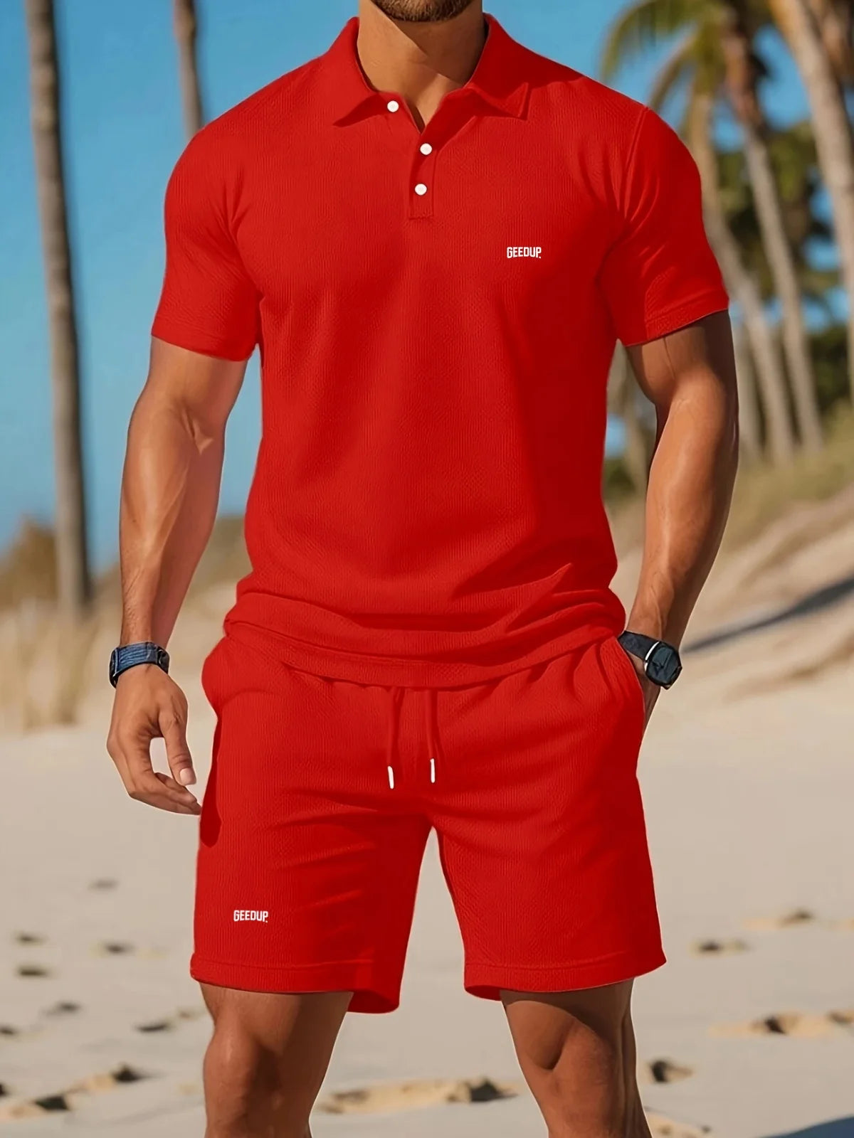 The 2025 summer men's Polo shirt, T-shirt and shorts casual set is suitable for daily wear and a beach sports two-piece outfit.