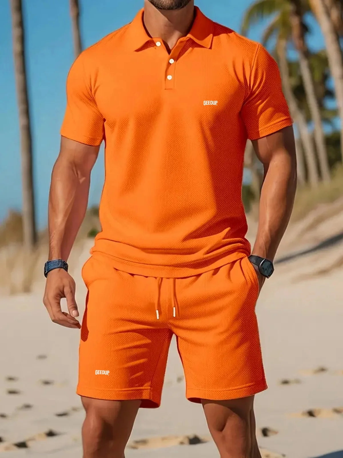 The 2025 summer men's Polo shirt, T-shirt and shorts casual set is suitable for daily wear and a beach sports two-piece outfit.
