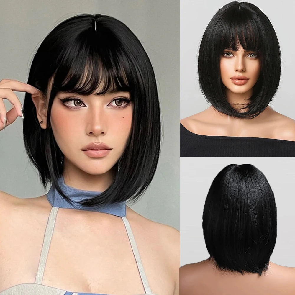 Ombre Blonde Pink Bob Wig with Fluffy Bangs Synthetic Short Straight Wigs for Black Women Heat Resistant Cosplay Daily Hair