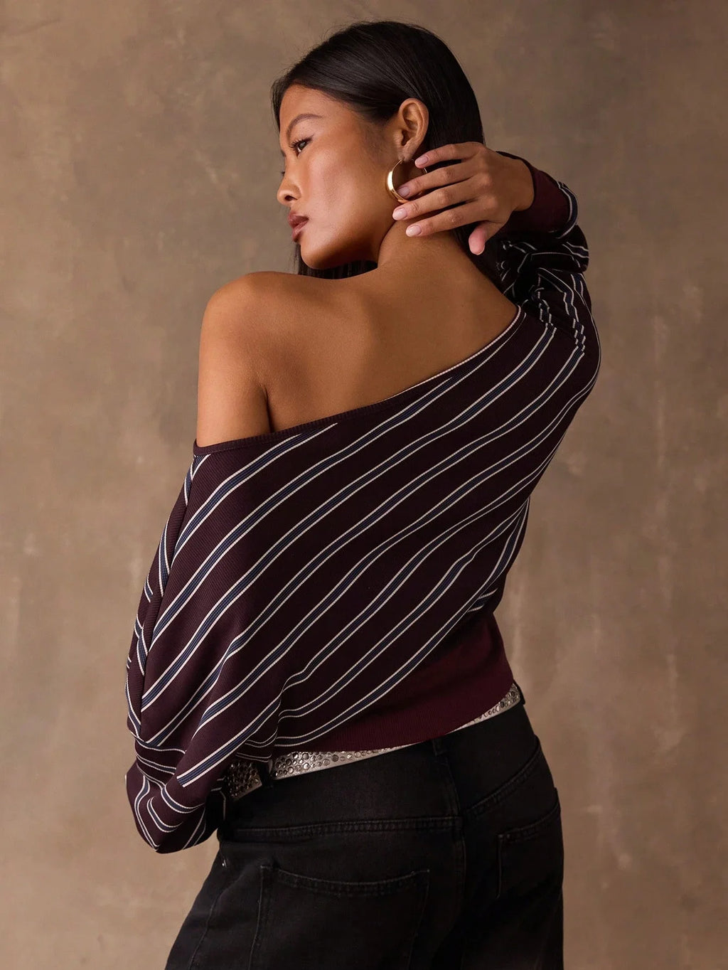 Women's Off-Shoulder Striped Long Sleeve Crop Top Casual Loose Fit Burgundy