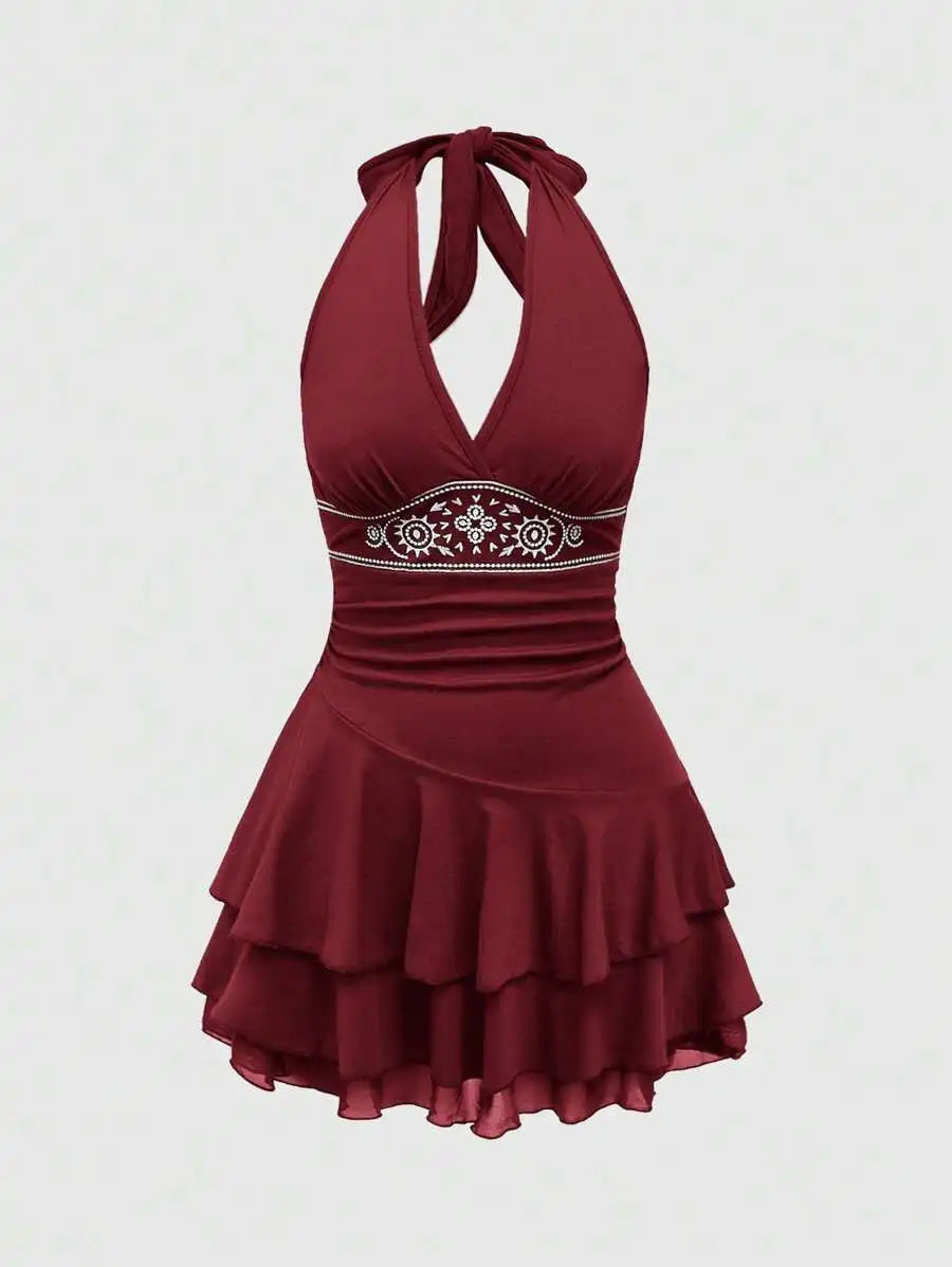 Brown Halter Neck Embroidered Tiered Hem Mini Dress with Floral Motif